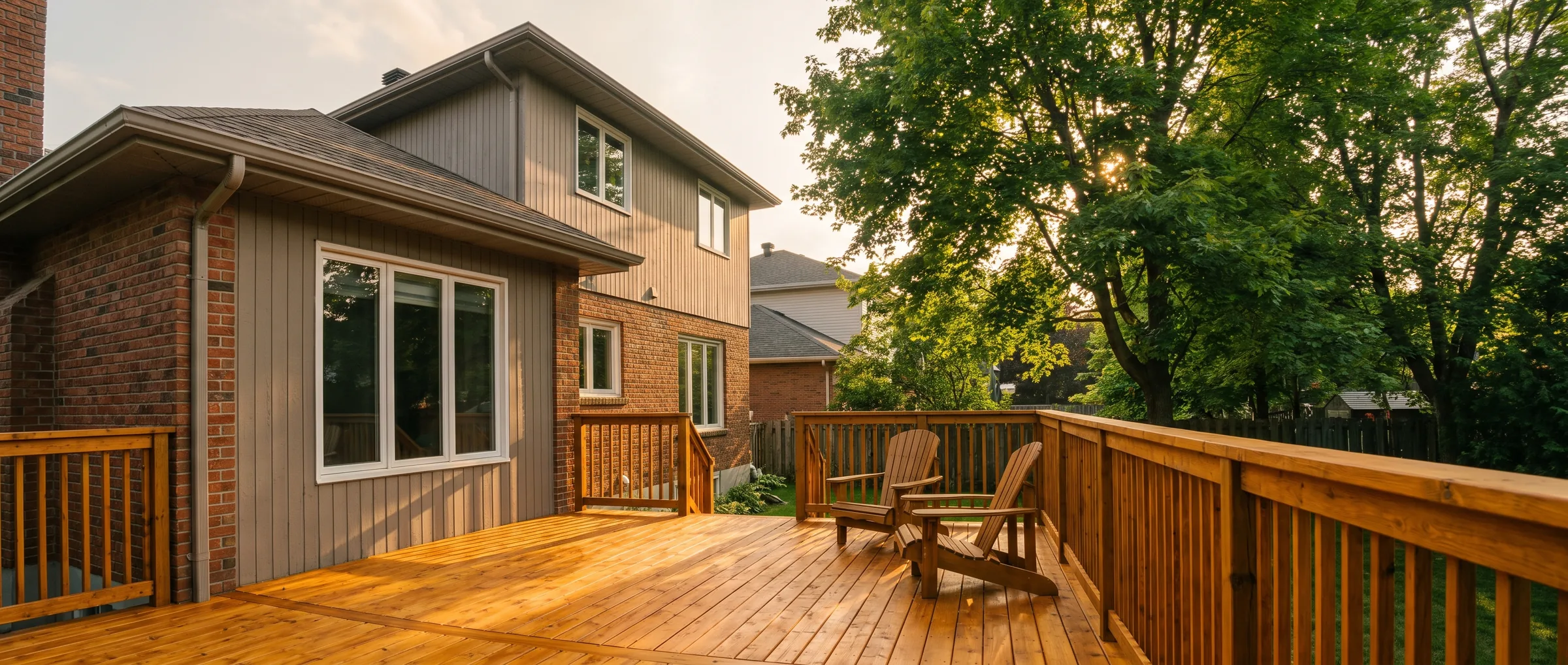 Sunlit cedar deck in high summer