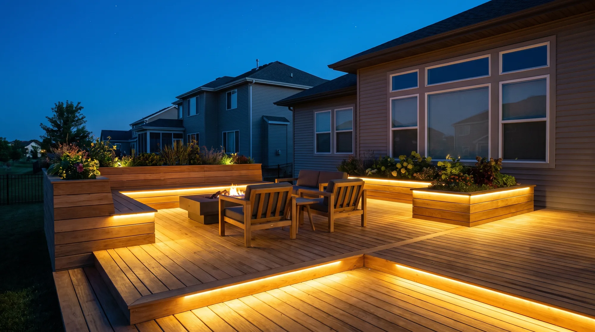 Custom multi-level deck glowing at spring dusk