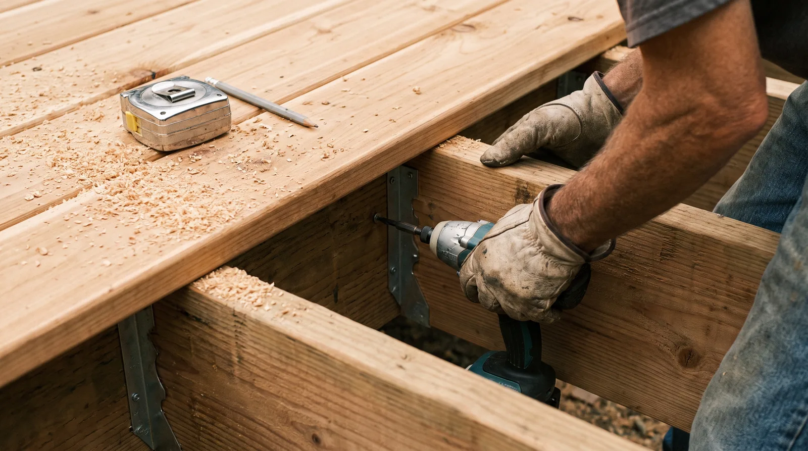 Carpenter securing a deck joist with an impact driver