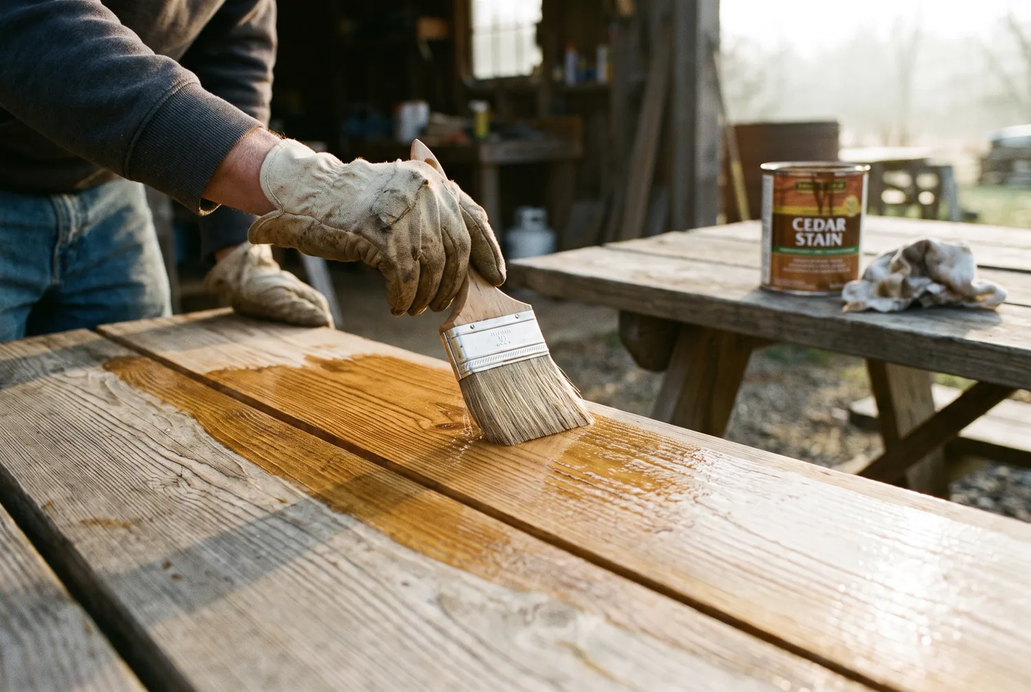 Hands brushing penetrating oil stain onto cedar planks