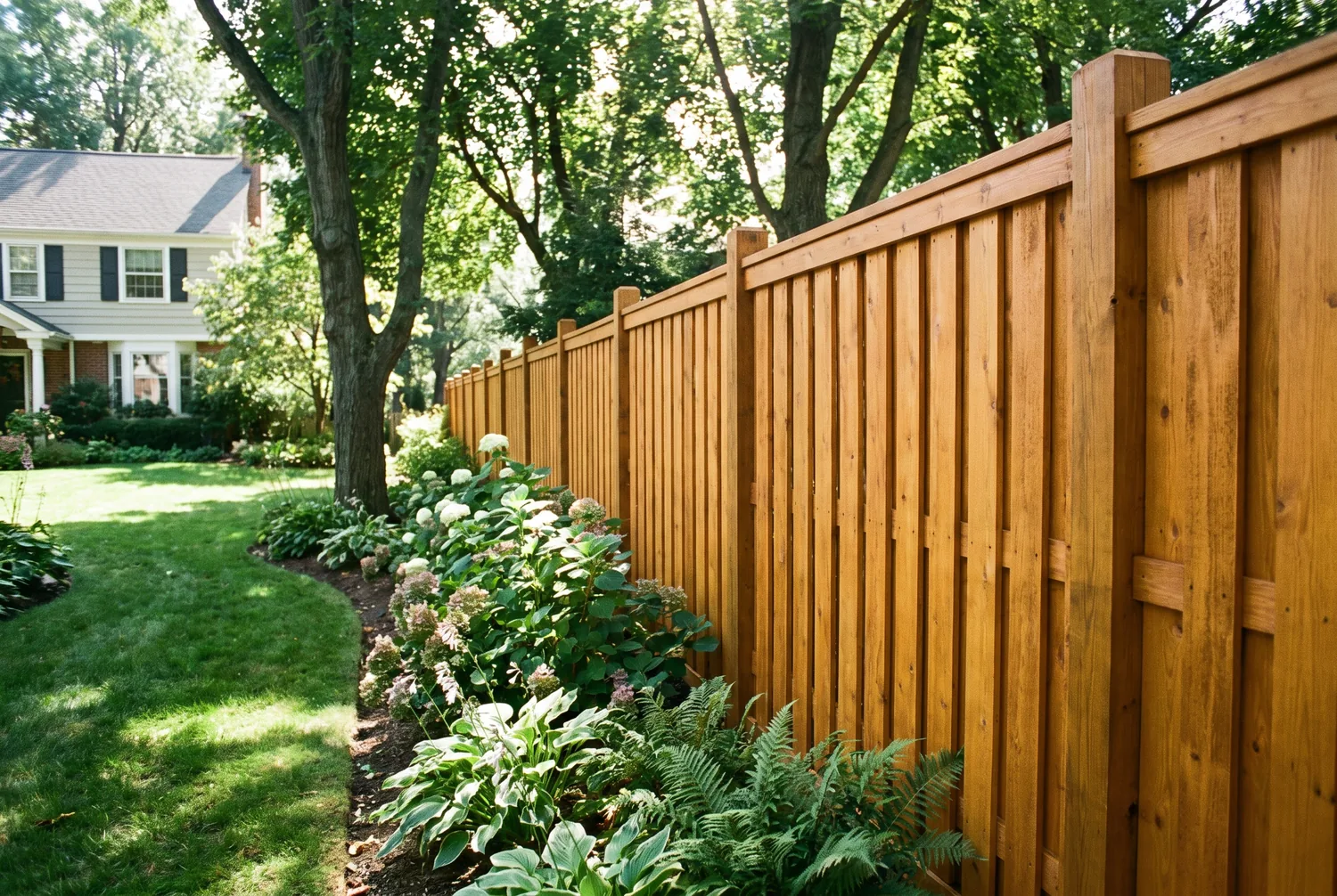 Freshly restored cedar privacy fence in a backyard